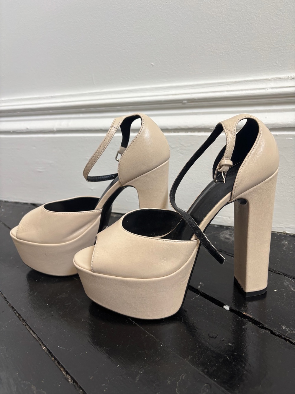 Tony Bianco Cream Platform Peep-Toe Ankle Strap Heels